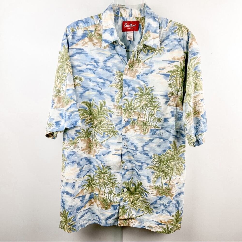 Mens Hawaiian Button Down Shirt Large Palm Tree Vacation Collared Shirt Resort